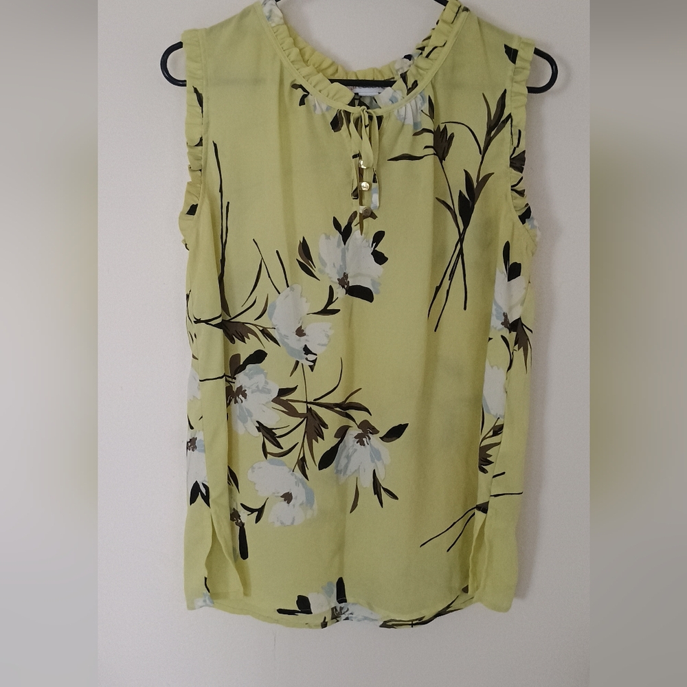 Chic Summer Light Yellow Floral Sleeveless Top Chiffon Blouse